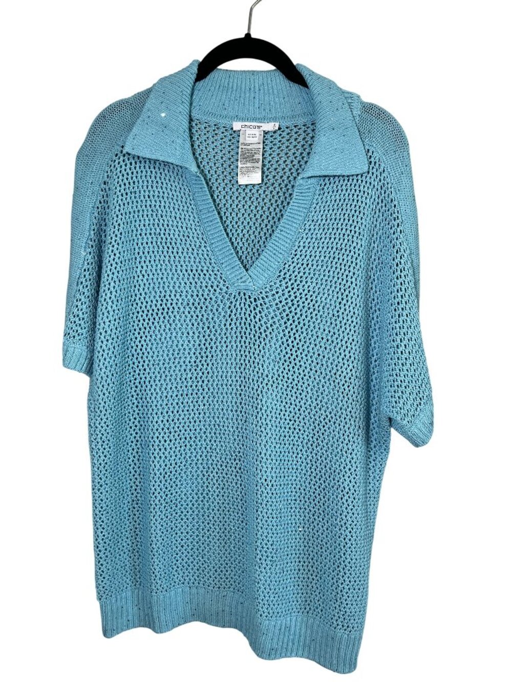 Chicos Chunky Knit Sweater Blue L Coastal Nautical Resort Preppy Retro Sequin